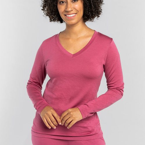 Model wearing Lily long sleeve - Red Violet | Tori is 5'7", wearing a size S