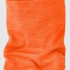 The Woolx Neck Gaiter - Bright Orange, crafted from soft Australian Merino Wool, is displayed on a plain light gray background. This cylindrical gaiter is slightly scrunched at the bottom, highlighting its elasticity and texture, making it perfect for outdoor activities.