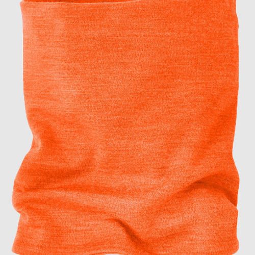 The Woolx Neck Gaiter - Bright Orange, crafted from soft Australian Merino Wool, is displayed on a plain light gray background. This cylindrical gaiter is slightly scrunched at the bottom, highlighting its elasticity and texture, making it perfect for outdoor activities.