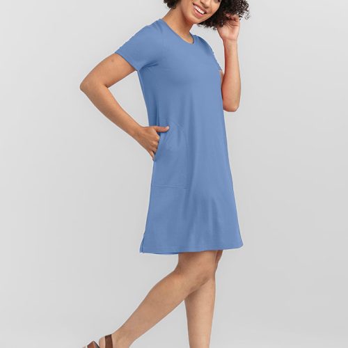 Model wearing Georgie dress - Coronet Blue | Tori is 5'7", wearing a size S