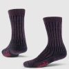 A pair of Joey Crew Socks in Warm Violet by Woolx, featuring a ribbed texture with red "Woolx" branding on the sides. Made from Woolmark® Certified merino wool, they are displayed upright with one sock slightly turned to highlight both the front and side views.