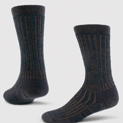 Two Joey Full Cushion Mid Calf Socks from Woolx in Dark Espresso are presented, with one standing upright and the other angled. Made from Merino wool, these socks showcase vertical brown stripes and a textured knit pattern, providing a cozy design against a simple, light background.