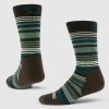 A pair of Everyday Crew Socks Light Cushion - French Roast Stripe by Woolx, crafted from merino wool. These odor-resistant crew-length socks feature dark green, teal, brown, and white stripes against a plain background. They stand upright to highlight their design and naturally temperature-regulating properties.