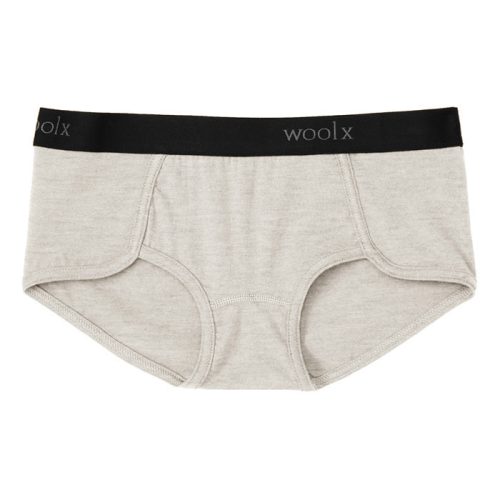 Cream heather men’s briefs crafted from lightweight Merino wool, featuring a black waistband with "Woolx" text in small letters. This simple and minimalist design ensures full coverage and comfort.