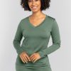 Model wearing Lily long sleeve - Duck Green | Tori is 5'7", wearing a size S