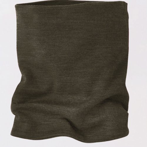 A Woolx Neck Gaiter in Dark Moss, crafted from 100% Australian Merino Wool, is displayed against a plain white background. The soft, slightly textured fabric suggests a comfortable fit for outdoor activities. This cylindrical and flexible gaiter features minor creases that enhance its comfort and usability.