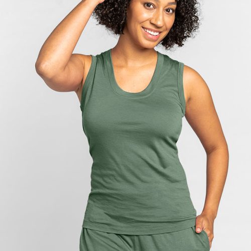 Model wearing Phoebe tank top - Duck Green | Tori is 5'7", wearing a size S