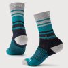 These odor-resistant Everyday Light Cushion Crew Socks from Woolx feature a stripe design in spruce navy with reinforced heels and toes. Made from durable merino wool, they are displayed against a plain background to highlight both the side and sole views.