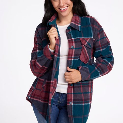 Model wearing Sawyer shacket - Teal Plaid | Sarah is 5'8.5", wearing a size S