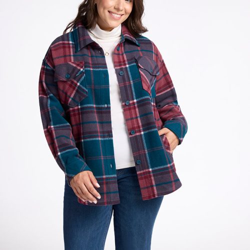 Model wearing Sawyer shacket - Teal Plaid | Juliana is 5’10”, wearing a size XL