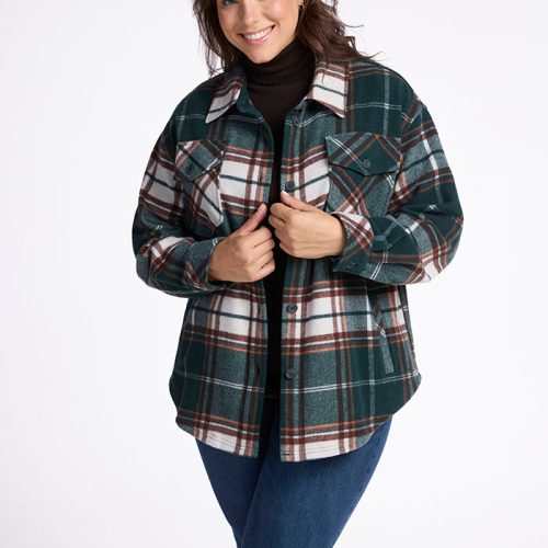 Model wearing Sawyer shacket - Espresso Plaid | Juliana is 5'10