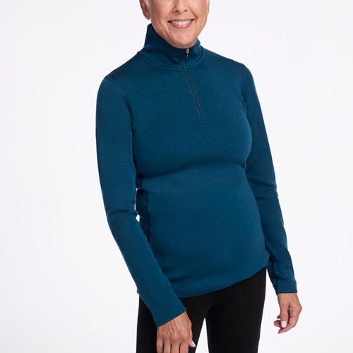 Model wearing Brooke 1/4 zip - Real Teal | Kathy is 5'9", wearing a size S