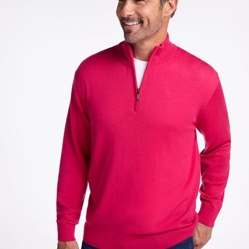 A man in the Enzo Quarter Zip - Berry Burst by Woolx. | Matthew is 6', wearing a size L