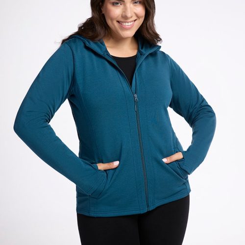 Model wearing Zoey hoodie - Real Teal | Juliana is 5'10", wearing a size XL