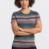 A person with curly hair stands confidently with arms crossed against a plain background, wearing the Liza Crew Neck Tee - Adirondack 2.0 Stripe by Woolx and jeans. | Tori is 5'7", wearing a size S