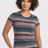 A person with curly hair is wearing the Addie Short Sleeve Crew - Adirondack 2.0 Stripe by Woolx, paired with dark jeans, and standing against a plain white background. They are smiling gently. | Tori is 5'7", wearing a size S