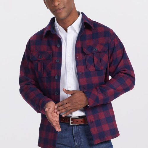 Model wearing Burlington jacket in cranberry navy checkered | Trell is 6’2”, wearing a size M