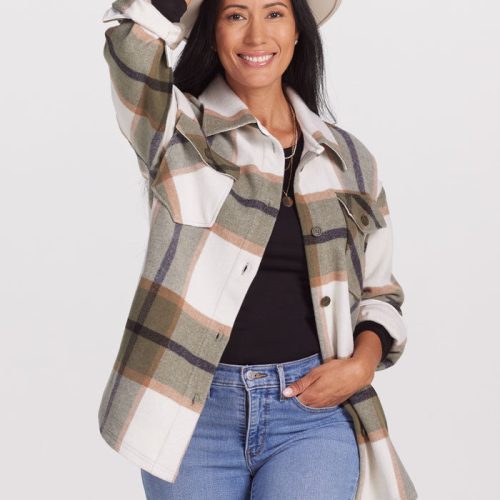 Model wearing Sawyer shacket - Forest Plaid | Denia is 5’8”, wearing a size S