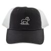 The Woolx Sheep Logo Trucker Hat OLD, in a deep charcoal color, offers style and sun protection with its mesh back and front emblem of a stylized ram in white embroidery.