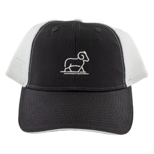 The Woolx Sheep Logo Trucker Hat OLD, in a deep charcoal color, offers style and sun protection with its mesh back and front emblem of a stylized ram in white embroidery.