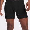 A person is wearing black Jazzy No Fly Boxer Briefs OLD from Woolx, with the brand name displayed on the waistband. The smooth, lightweight fabric appears fitted. The person's hands rest by their sides against a plain white background.