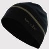 A black olive Merino wool beanie with a light gray stripe around its circumference and a slightly slouched fit. The brand "Woolx" is visible within the light gray stripe. This moisture-wicking cold weather accessory sits against a plain, light-colored background.