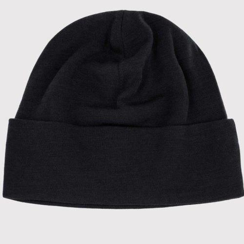 A black Woolx Journey Hat, made from Merino wool, featuring a folded brim, displayed against a light gray background. The fabric appears soft, slightly textured, and promises warmth.