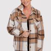 Model wearing Sawyer shacket - Camel Plaid | Karly is 5'10", wearing a size S