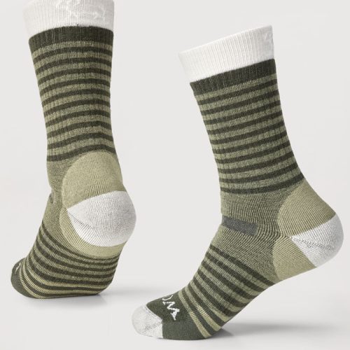 Two midweight socks in a moss stripe pattern are displayed against a neutral background. The Ember Full Cushioned Crew Socks by Woolx offer reinforced heel and toe areas, along with white ribbed cuffs, providing both style and durability for your outdoor adventures.