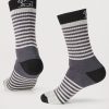 Product Description:   Discover the Ember Full Cushioned Crew Socks by Woolx, part of the exclusive Stocking Stuffer Final Sale Deals! Featuring a playful rabbit logo near the top, these socks offer a unique "Stormy Stripe" pattern in grey and black. Designed for hiking, they feature a midweight build with varied stripe patterns and distinctive color blocks at the toe, heel, and cuff. They are displayed upright to showcase both front and side views.