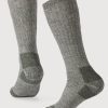 Against a plain background are two dark moss over-the-calf socks from Woolx, featuring reinforced heels and toes. These socks are made from heavyweight merino wool with a ribbed texture, offering a cozy, moisture-wicking, and durable look.